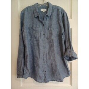 Charter Club blue linen buttonup blouse XL rolltab sleeve classic top Lagenlook